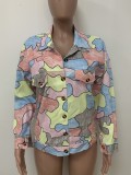 Autumn Multicolor Button Up Puff Sleeve Jacket