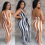 Summer Wide Stripes Sexy Low Back Halter Jumpsuit with Belt