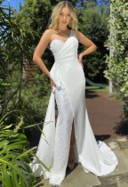 Summer Formal White Patch Sequin One Shoulder Evening Dress