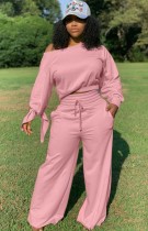 Otoño Casual Pink Crop Top y pantalones de cintura alta Conjunto de 2 piezas