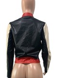 Autumn Color Block Zip Up Leather Jacket with Full Sleeves