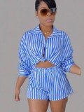 Autumn Casual Stripes Blouse and Shorts 2 Piece Set