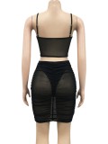 Summer Black Sexy Lace-Up Crop Top and Mesn Skirt Set