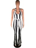 Summer Wide Stripes Sexy Low Back Halter Jumpsuit with Belt