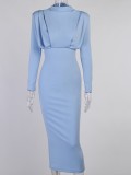 Autumn Western Blue Formal Elegant Long Dress with Full Sleeves