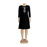 Autumn Casual Print Black O-Neck Pocket Shirt Dress