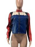 Autumn Color Block Zip Up Leather Jacket with Full Sleeves