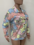Autumn Multicolor Button Up Puff Sleeve Jacket