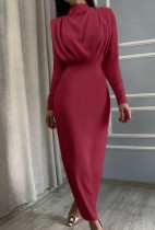Autunno occidentale rosso formale elegante abito lungo con maniche lunghe