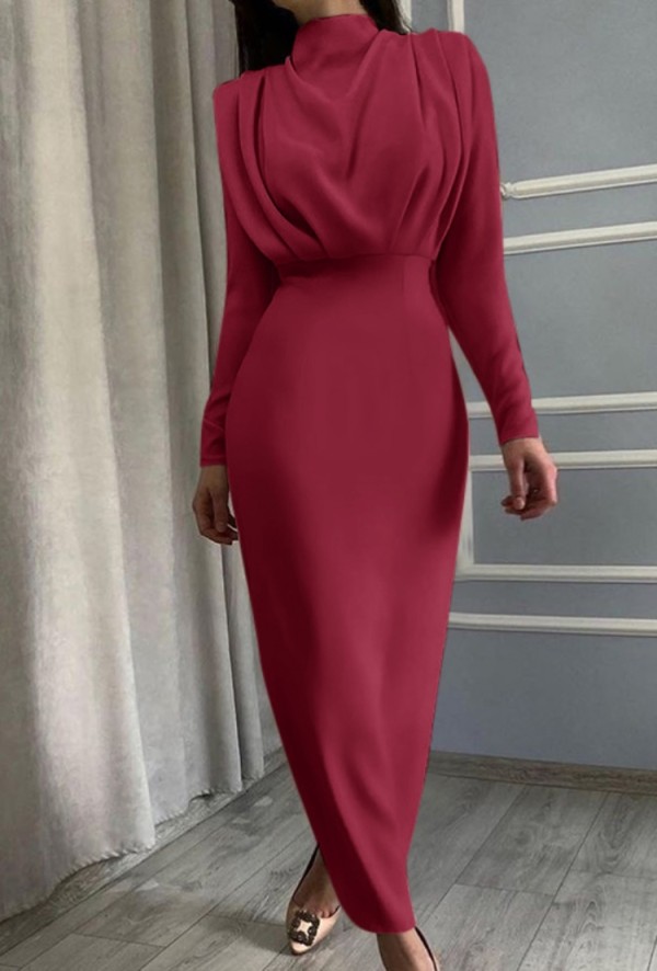 Autumn Western Red Formal Elegant Long Dress with Full Sleeves