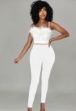 Summer Formal White Feather Strap Crop Top and Pants 2 Piece Set