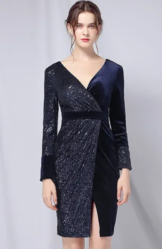 Autumn Formal Royal Patch Sequin Wrap Cocktail Dress