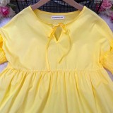 Autumn Casual Yellow Flare Short Dress with Wide Sleeves