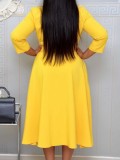 Autumn Yellow Office Professional Long Skater Dress with Belt
