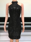 Summer Formal Black Sequin Scoop Midi Dress