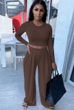 Autumn Casual Brown Crop Top and Wide Pants Set