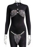 Summer Party Sexy Black Beaded Bra and Panty Set with Rhinestones