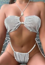 Summer Party Sexy Silver Beaded Bra and Panty Set with Rhinestones