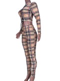 Autumn Sexy Fitted Lace-Up Plaid Crop Top and Pants Set