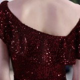 Summer Occassional Burgunry Sequin Fishtail Cocktail Dress