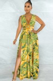 Summer Plus Size Print Sleeveless Slit V-Neck Long Maxi Sundress