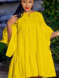 Autumn Casual Yellow Flare Short Dress with Wide Sleeves