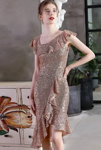 Summer Occassional Gold Sequin Fishtail Cocktail Dress