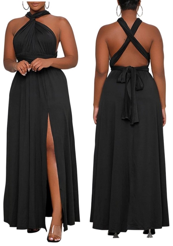 Summer Plus Size Multiway Black Slit Long Evening Dress