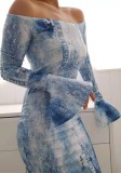 Autumn Tie Dye Blue Off Shoulder Elegant Midi Dress