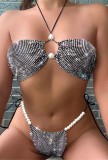 Summer Party Sexy Black Beaded Bra and Panty Set with Rhinestones