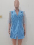 Autumn Casual Blue Blazer Dress with Mesh Sleeves