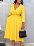 Autumn Yellow Office Professional Long Skater Dress with Belt
