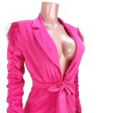Autumn Formal Rose Feather Long Blazer with Belt