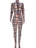 Autumn Sexy Fitted Lace-Up Plaid Crop Top and Pants Set