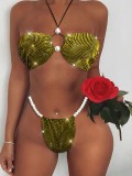 Summer Party Sexy Gold Beaded Bra and Panty Set with Rhinestones