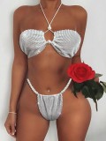 Summer Party Sexy Silver Beaded Bra and Panty Set with Rhinestones