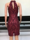 Summer Formal Red Sequin Scoop Midi Dress