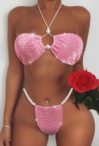 Summer Party Sexy Pink Beaded Bra and Panty Set with Rhinestones