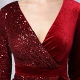 Autumn Formal Red Patch Sequin Wrap Cocktail Dress