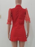 Autumn Casual Red Blazer Dress with Mesh Sleeves