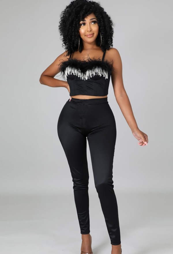 Summer Formal Black Feather Strap Crop Top and Pants 2 Piece Set
