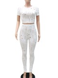 Summer White Sexy Hollow Out Fitted Crop Top and Pants Set