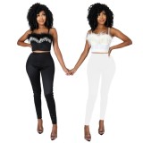 Summer Formal White Feather Strap Crop Top and Pants 2 Piece Set