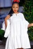 Autumn Casual White Flare Short Dress with Wide Sleeves