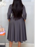Autumn Grey Office Professional Long Skater Dress with Belt