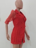 Autumn Casual Red Blazer Dress with Mesh Sleeves