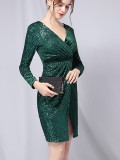Autumn Formal Green Patch Sequin Wrap Cocktail Dress