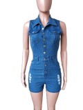 Summer Blue Sleeveless Button Up Ripped Denim Rompers