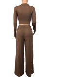 Autumn Casual Brown Crop Top and Wide Pants Set