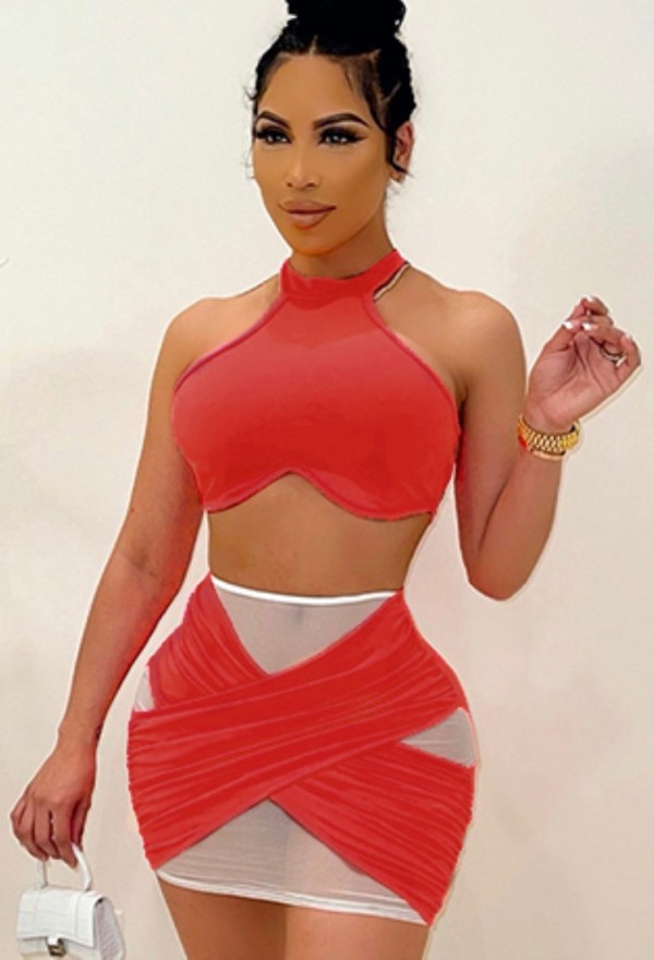 Summer Sexy Red Patch Halter Crop Top and Mini Skirt Set